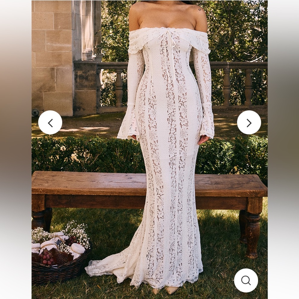 White Floral Lace Off Shoulder Flare Sleeve Fishtail Maxi Dresses